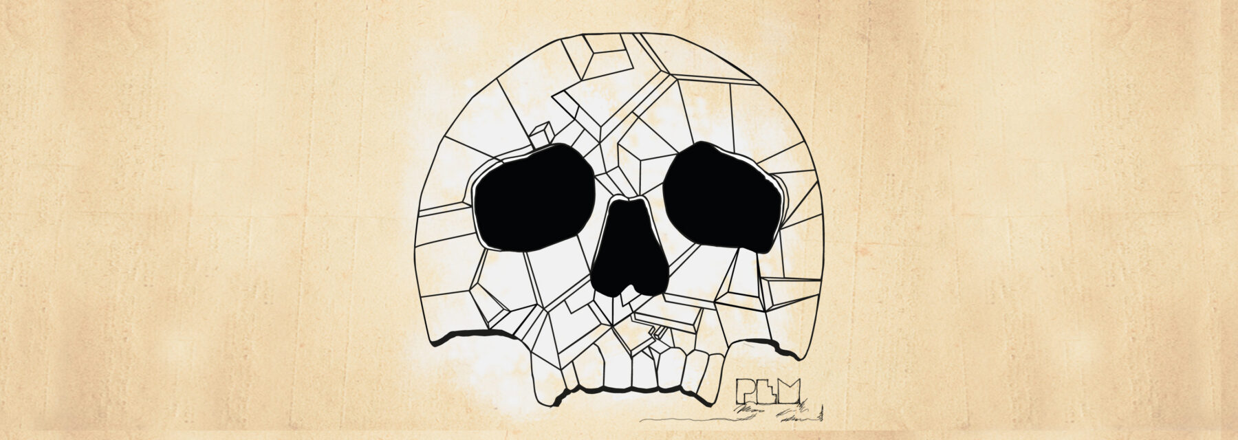 Abstract skull illustration with geometric shapes and black voids.