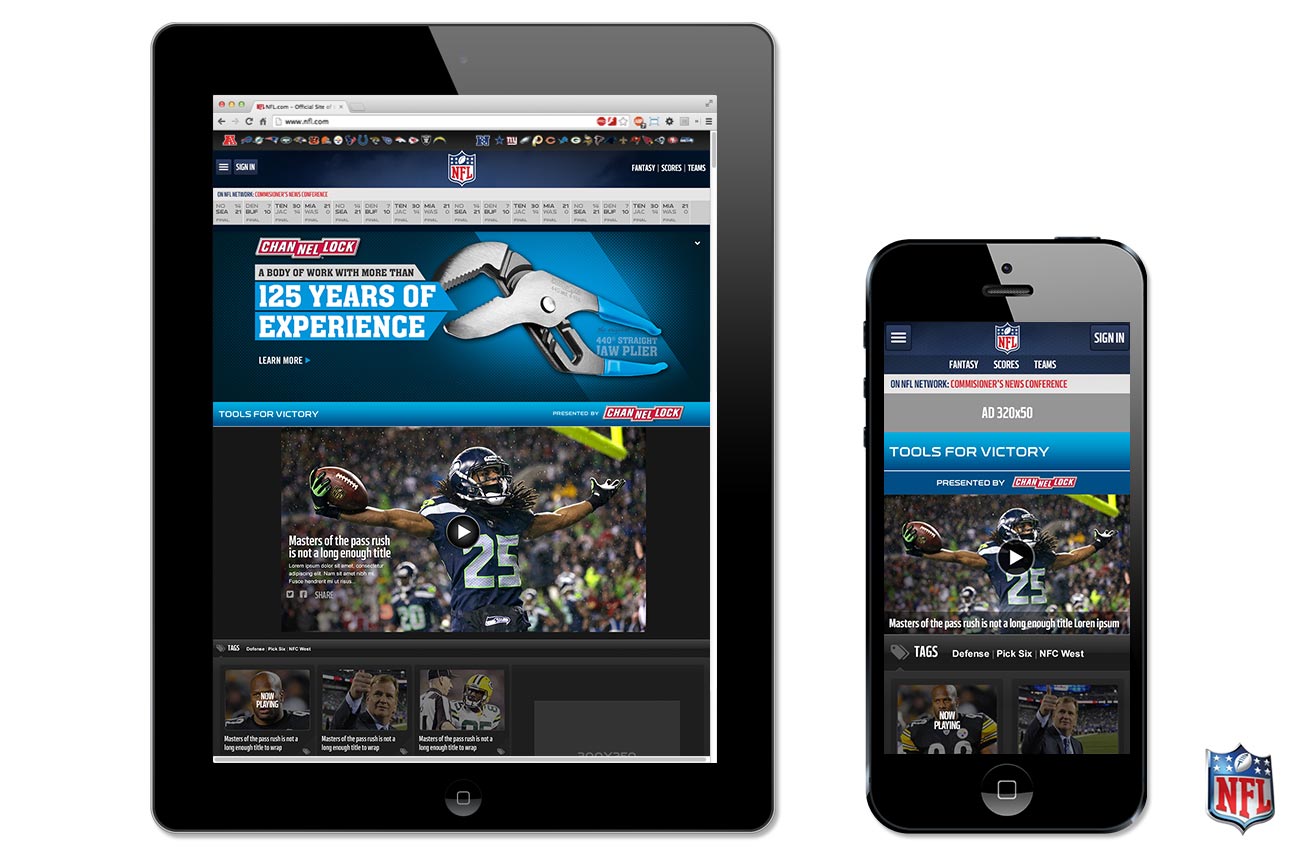 Website displaying NFL news and updates on tablet and smartphone.