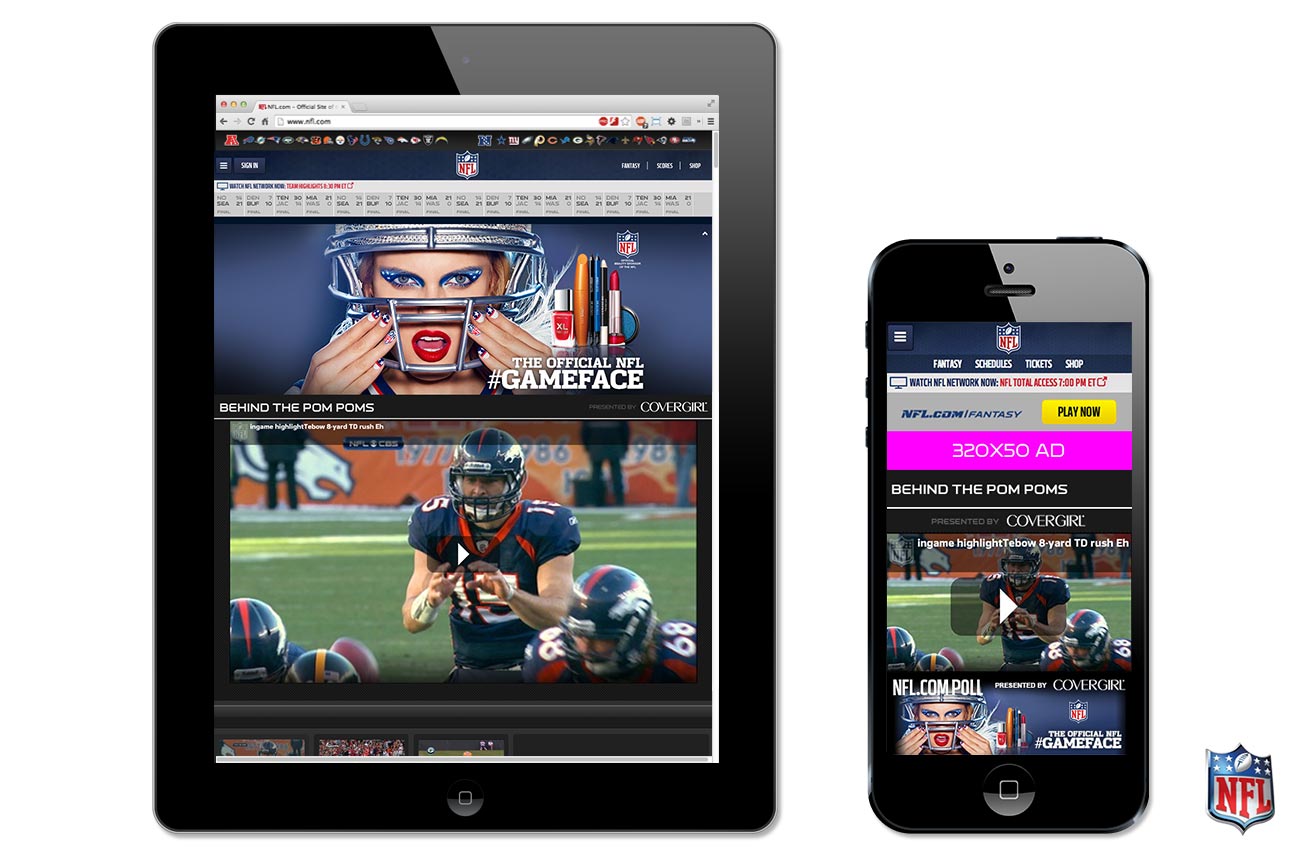 Tablet and smartphone displaying the NFL website with sports content.