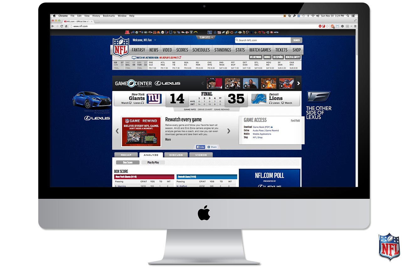 NFL game scoreboard showing Eagles vs. Panthers on an iMac screen.