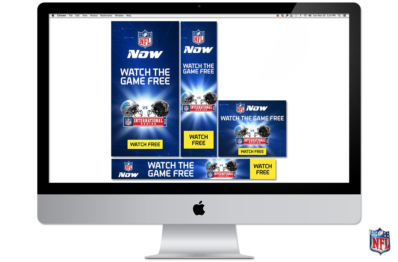 NFL Now app shown on an iMac screen promoting free game watching.