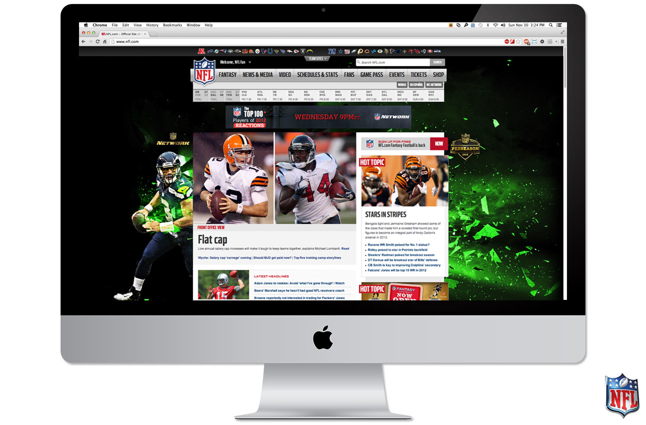 Screenshot of an NFL website homepage featuring player news and highlights.