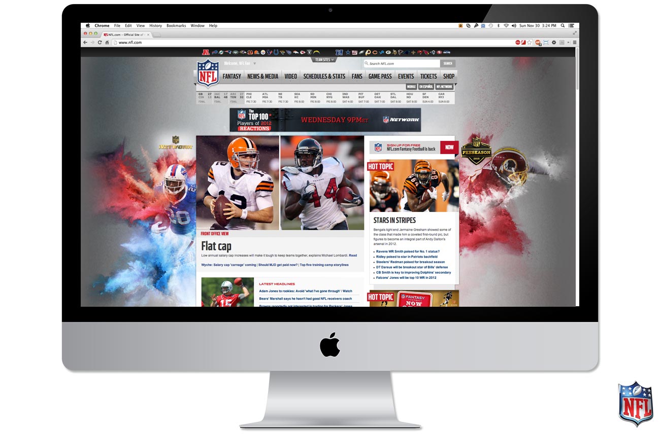 Website homepage focused on sports news and updates with dynamic visuals.