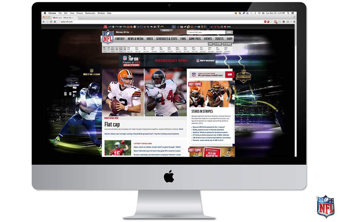 A sports website homepage featuring football news and updates.