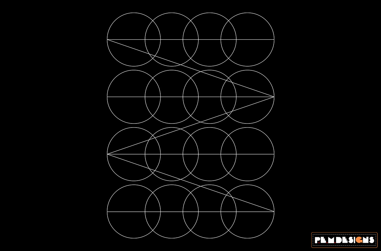 Geometric pattern of overlapping circles connected by straight lines on black background.