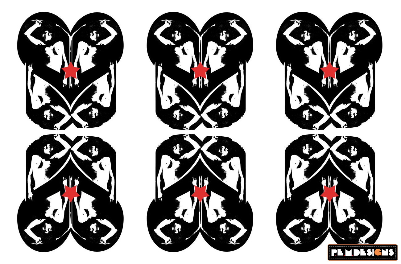 Abstract black and white skull pattern with red accents, symmetrically repeated.