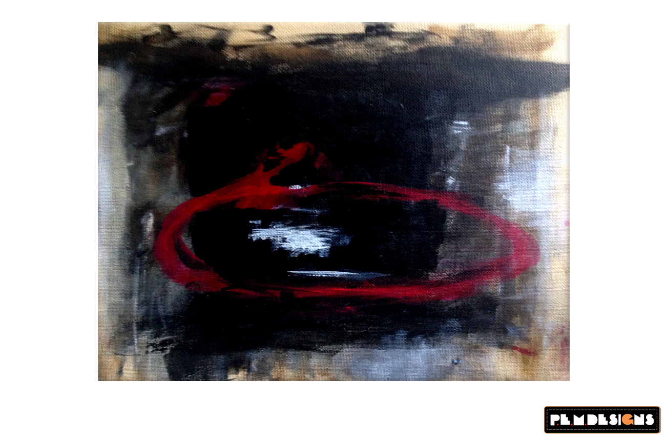 Abstract painting with dark tones and a bold red curve.